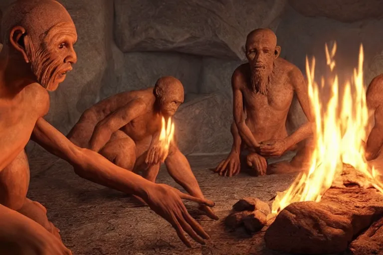 Image similar to still photo of ancient human ancestors discovering fire, highly detailed, photorealistic shot, bright studio setting, studio lighting, crisp quality and light reflections, unreal engine 5 quality render