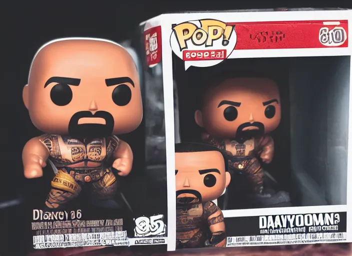 Image similar to product still of Dwayne Johnson funko pop with box, 85mm f1.8