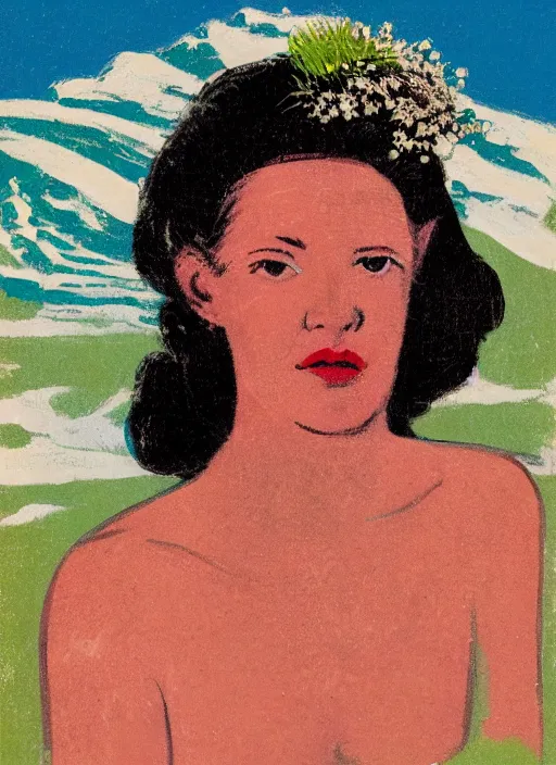 Prompt: an extreme close - up portrait of a lady in a scenic representation of mother nature and the meaning of life by billy childish, thick visible brush strokes, figure painting by anthony cudahy and rae klein, vintage postcard illustration, minimalist cover art by mitchell hooks