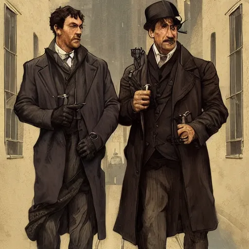 Image similar to [UHD Sherlock Holmes and Watson as GTA characters on the streets of London in 2169, correct faces, intricate, elegant, graphic detail, digital painting, trending on artstation, concept art, tonalism, sharp focus, illustration, art by Miguel Vasquez and Greg Rutkowski and Alphonse Mucha]