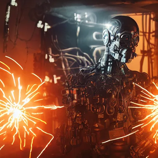 Image similar to cyborg with gatlinger gun hands, tangles of metallic cables, dark messy smoke - filled cluttered workshop, dark, dramatic lighting, orange tint, sparks, plasma charges, cinematic, highly detailed, sci - fi, futuristic, movie still