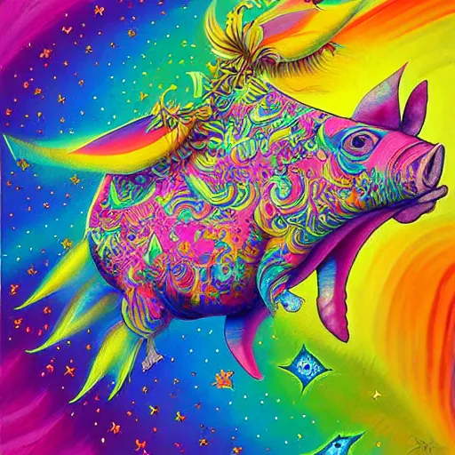 Image similar to lisa frank flying pigs painting by android jones