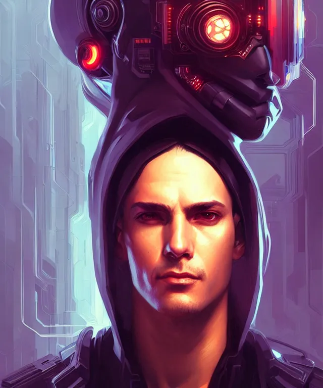 Image similar to Hacker cyberpunk man portrait, highly detailed, digital painting, artstation, concept art, smooth, sharp focus, illustration, art by artgerm and greg rutkowski and alphonse mucha