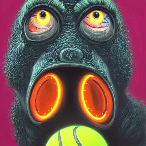 Image similar to a tennis ball monster starring into the camera, fixed eyes, flowing black coat with glowing neon orange trim, inside a museum, colorful, surreal, dramatic lighting, face, detailed, intricate, elegant, highly detailed, digital painting, artstation, chalk, concept art, smooth, sharp focus, illustration, art by basil gogos and sam pratt