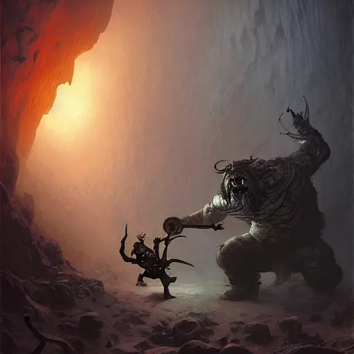 Image similar to A gully-dwarf fighting a Beholder in a cavern in the Underdark, wide view, intricate, Dungeons and Dragons, highly detailed, artstation, concept art, smooth, sharp focus, illustration, art by greg rutkowski and orientalism and bouguereau and Zdzislaw Beksinski, good clear quality, lighting, biology, symmetrical artwork, perfect face, 135 mm, cinematic, hyper realism, high detail, octane render, 8k, chrome accents