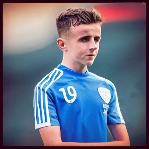 Image similar to “A realistic photo of English football player Mason Mount as a humanoid android with shiny skin and wearing his soccer uniform”