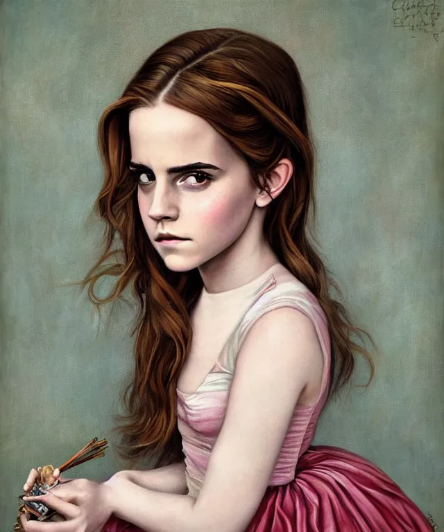 Image similar to portrait of Emma Watson, lowbrow painting by Mark Ryden