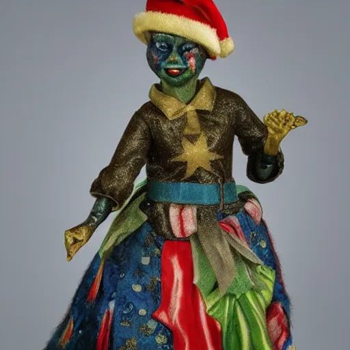 Image similar to Margaret Le Van\'s Alley Cats fashion statuette, wearing festive clothing, full body render, museum quality photo