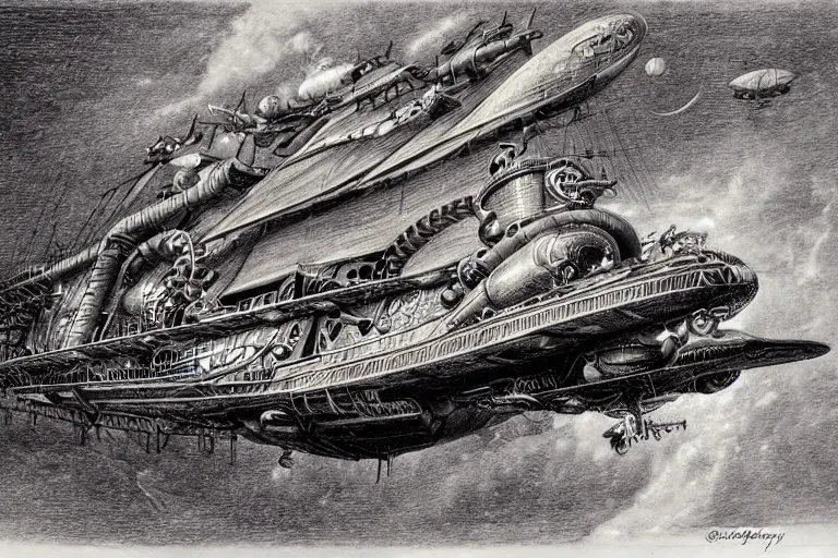 Prompt: detailed drawing of a steampunk spelljammer flying airship, illustrated by James gurney, Josh Kirby, Thomas Kinkade, antiquity battleship, WWII fighter jet, ancient and modern, intricate details, clean linework, spacecraft, magical, sails, dragon
