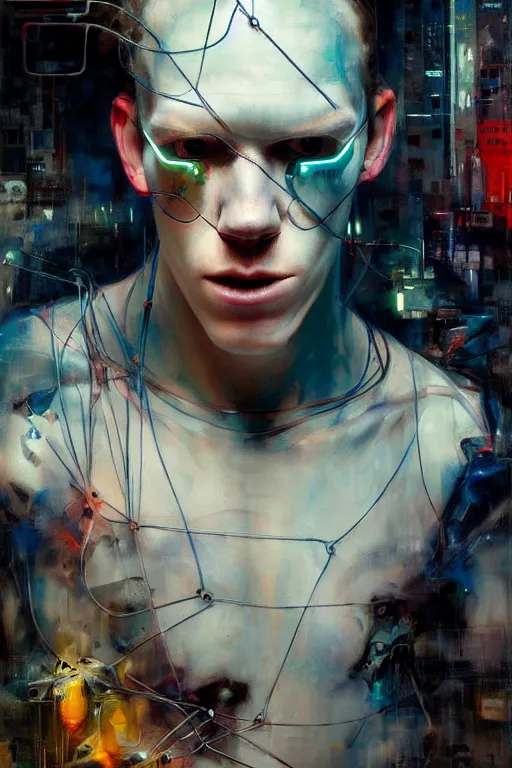 Image similar to cameron monaghan as a cyberpunk hacker, wires cybernetic implants, by adrian ghenie, esao andrews, jenny saville, james jean, dark art