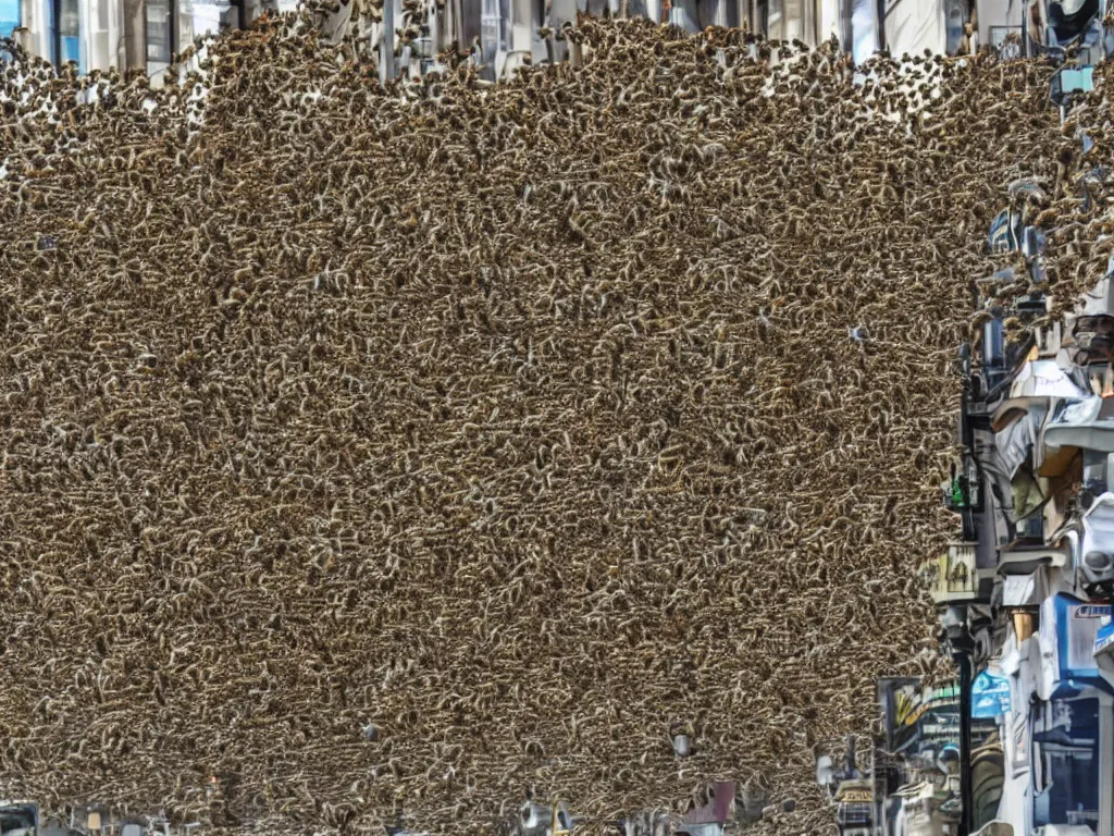 Image similar to swarm of bee's. infestation in the city. city dwellers run for their lives. terrorist attack.