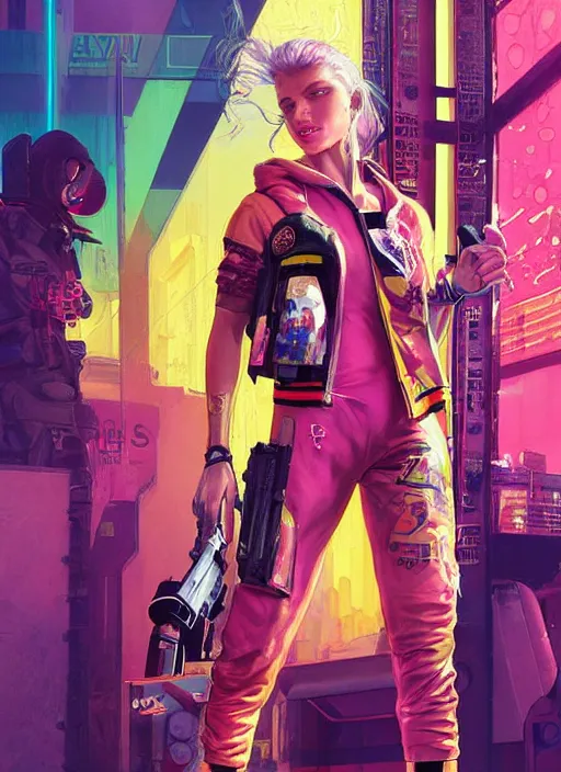 Image similar to beautiful cyberpunk female athlete wearing pink jumpsuit and yellow jacket. firing a futuristic red automatic pistol with huge magazine. ad poster for pistol. cyberpunk poster by james gurney, azamat khairov, and alphonso mucha. artstationhq. gorgeous face. painting with vivid color, cell shading. ( rb 6 s, cyberpunk 2 0 7 7 )