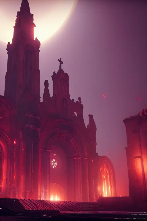 Image similar to symmetrical, centered composition, ancient church with red shafts of light in destiny 2, foggy, liminal, dark, dystopian, beautiful architecture, abandoned, highly detailed 4 k destiny 2 expansion key art wallpaper