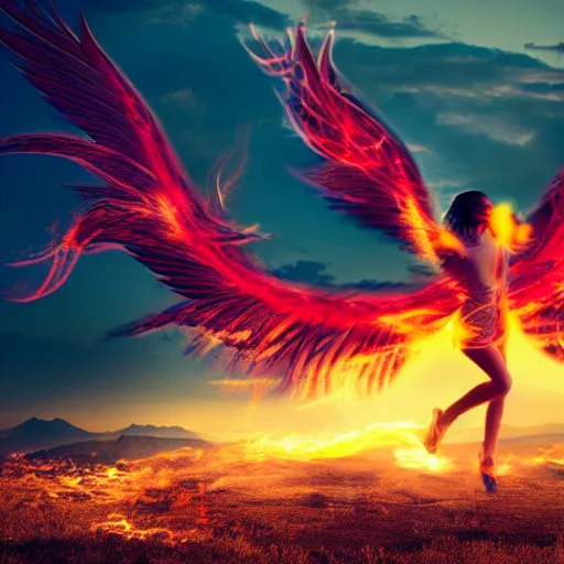 Image similar to realistic cinematic photo of phoenix girl in flames flying in the sky