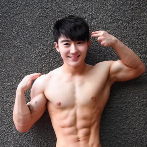 Image similar to korean muscle boy 2 1 years old, posing, happy trail