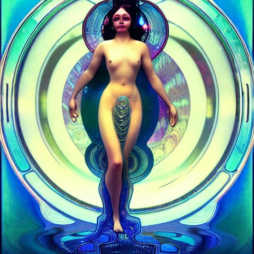 Image similar to a beautiful female machine droid in ocean waves of glossy liquid stardust flowing like psychedelic soap bubble, lsd waves, lsd ripples, backlit, dramatic, refracted lighting, masterpiec volumetric lighting, 8 k octane, beautifully detailed render, post - processing, extremely detailed, intricate, epic composition, cinematic lighting, scifi art nouveau by collier. alphonse mucha