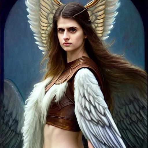 Prompt: portrait of young aasimar angel girl maiden wearing comfy leather armor with beautiful feathered angel wings, brown eyes, Alexandra Daddario, Blizzard, Diablo, by artgerm and greg rutkowski and alphonse mucha and andrei riabovitchev, 4k oil on linen, vivid colors, colorful, high dynamic range, HDR, intricate, elegant, highly detailed, digital painting, artstation, concept art, smooth, sharp focus, illustration