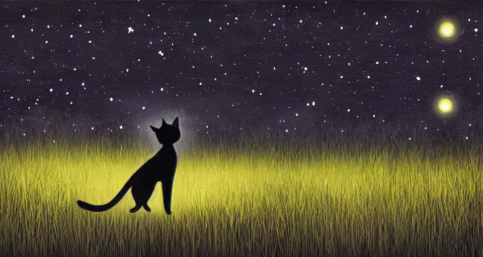 Image similar to black cat with glowing eyes walking around in a very dark open field at midnight with fireflies in the air and lots of stars in the sky, digital painting, highly detailed, magical, beautiful