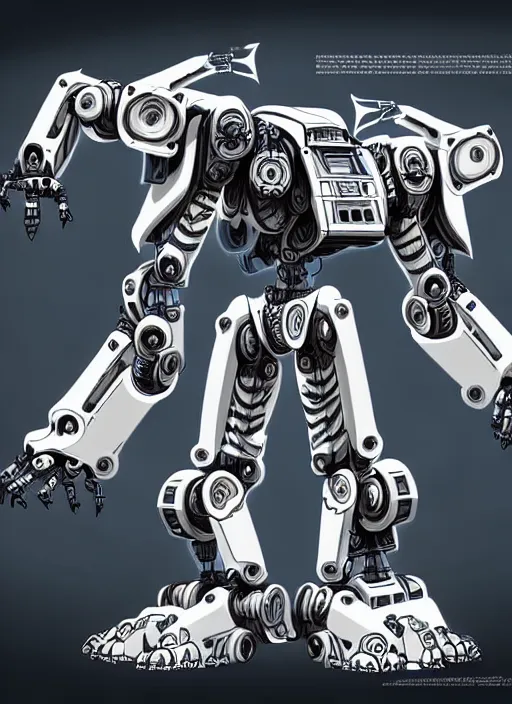 Image similar to very technical and detailed blueprint of a robot tiger, center frame, side view intricate details, ultra - detailed, baroque style, illustration, desaturated, concept art, in the style of battletech, zoids, voltron