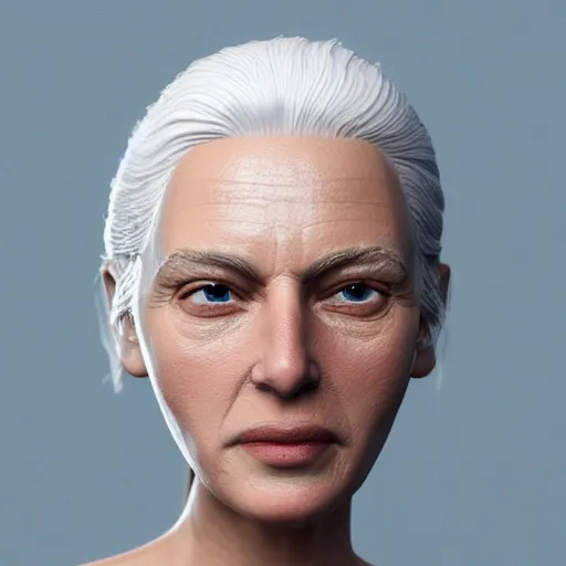 Image similar to 3 d render by annie leibovitz hyper detailed, realistic female face and shoulders, white skin made from painted porcelain, white hair, fine facial features, white eyes and eyelashes, 8 k, 1 5 0 ml lens, elegant, white background pastel blue lighting, octane render, volumetric lighting