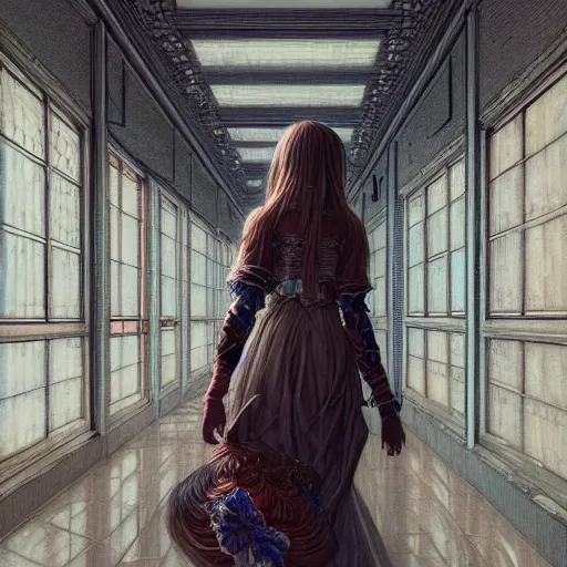 Image similar to beautiful girl in intricate clothing walking through a hallway reaching hands, reflections, very high intricate details, horror, painting, digital anime art, medium shot, mid - shot, wlop, ilya kuvshinov, artgerm, krenz cushart, greg rutkowski, sana takeda