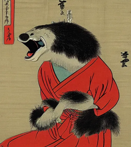 Image similar to ukiyo-e ukiyoe portrait of furry anthro anthropomorphic badger head animal person fursona wearing clothes sitting in a living room