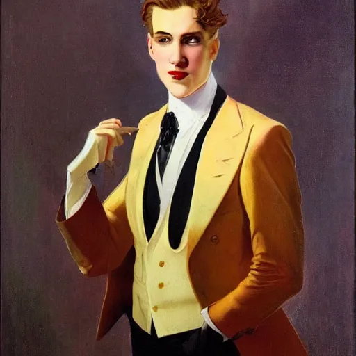 Image similar to a young man with slicked back red hair, a symmetrical clean - shaven face and white eyes, wearing a white tuxedo jacket with a yellow popper flower in its lapel, symmetry, reflection, mirrors, myth of narcissus, by j. c. leyendecker