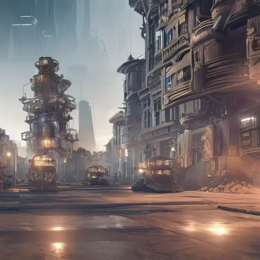 Image similar to A futuristic steampunk city during war, unreal engine, 8k render, octane render