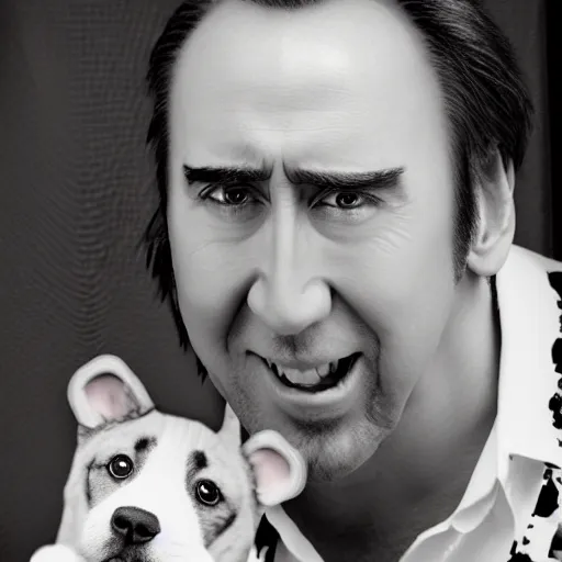 Prompt: nic cage in a puppy suit, nic cage is buff, digital photography