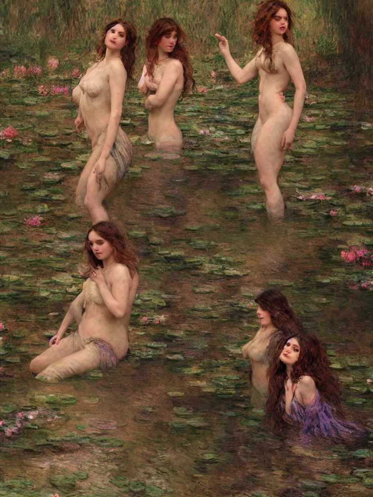 Image similar to illustration studio portrait of three dark beautiful woman bodies mermaids female energy in artistic poses in the river at the forest, monet painterly motives and textures pattern, hyper detailed, octane render, vivid colors, artstation, by jeremy mann, by alphonse mucha, by monet