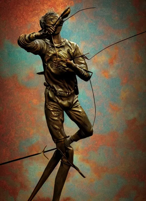 Image similar to An epic fantastic realism comic book style painting of a distressed bronze archery sculpture from the future by Stanislaw Szukalski, beautiful colorful flowers rain down, gilded marbled paper background, winged archer, fisheye lens, unreal 5, DAZ, hyperrealistic, octane render, dynamic lighting