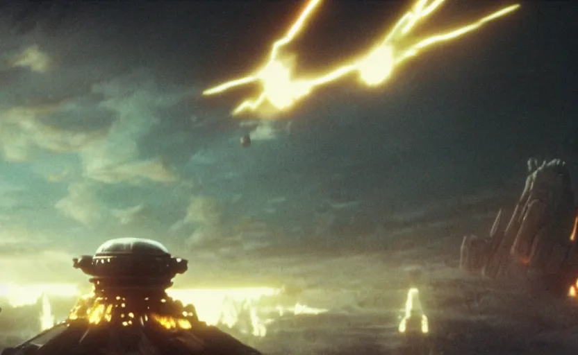 Prompt: still image screenshot floating castle planet under attack, empire strikes back, badass action scene with laser explosions and sparks, from the tv show mandalorian on disney +, scene in front of a strange building, moody cloudy volumetric lightm imperial invading beautiful cloud planet, backlit sunset, anamorphic lens, 3 5 mm film kodak 1 9 8 0 s