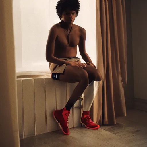 Image similar to realistic! photoshoot for a new nike lookbook, color film photography, portrait of a beautiful woman, location in a apartment, highly detailed, 8K, in style of tyler mitchell, 35mm