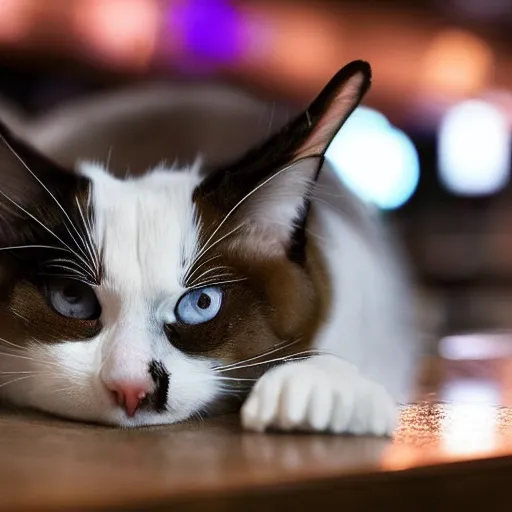 Image similar to cute snowshoe cat taking a nap at the bar, cinematic lighting,