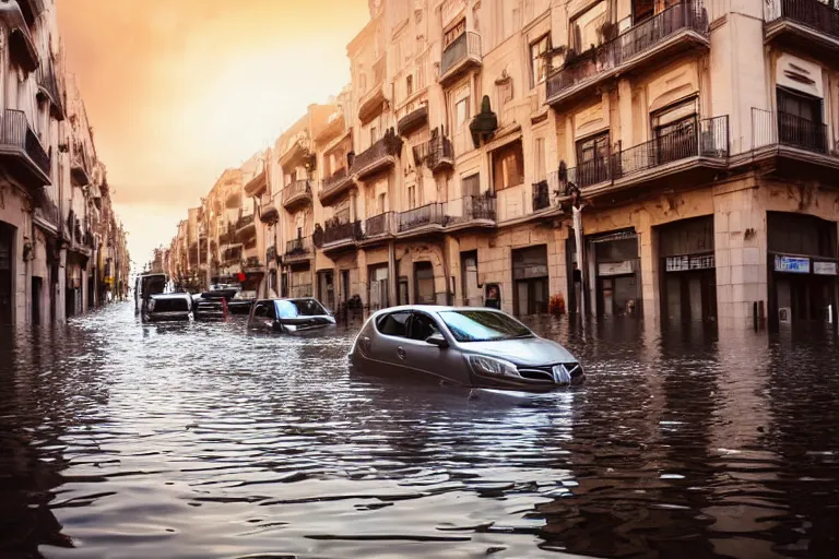 Prompt: views of catastrophic barcelona streets covered with high water, global warming, floating cars, sunset lighting, photo real