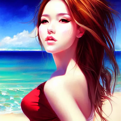 Image similar to portrait of beautiful woman on the beach by wlop, rossdraws, artgerm.