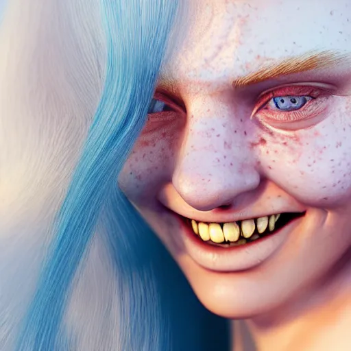 Image similar to beautiful hyperreal portrait of a cute woman smiling softly, long white hair and bangs, a few cute freckles on cheeks and nose, blue eyes, very detailed face, by irakli nadar and juan francisco casas, golden hour, soft focus, 8 k, portra 4 0 0