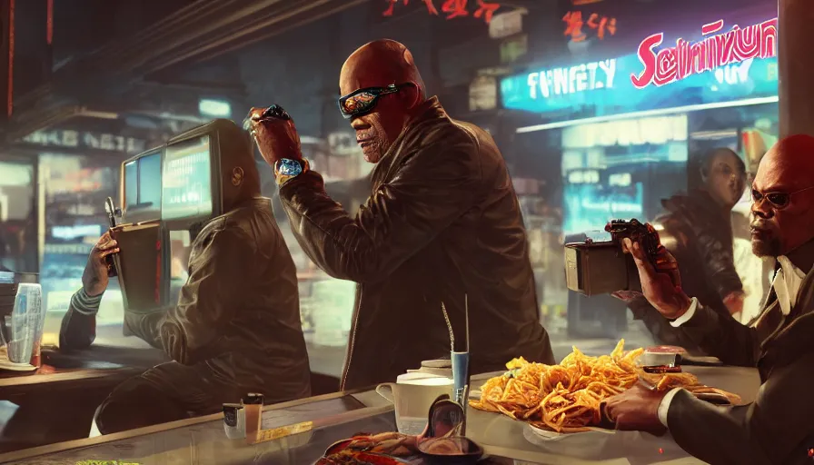 Image similar to samuel l jackson in night city eating chinese takeaway with johnny silverhand, cyberpunk 2 0 7 7, rendering, wallpaper, concept art, digital art