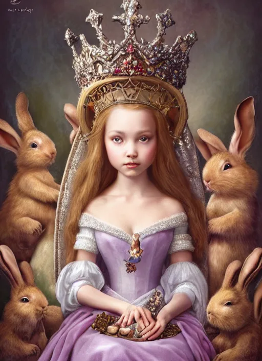 Prompt: highly detailed closeup portrait of a fairytale medieval princess wearing a crown and sitting on a throne, surrounded by cute bunnies, unreal engine, nicoletta ceccoli, mark ryden, earl norem, lostfish, global illumination, god rays, detailed and intricate environment