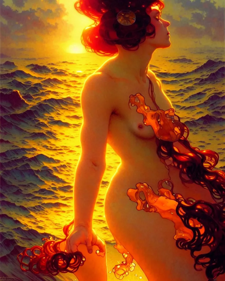 Image similar to sea of glossy liquid honey drops flowing like translucent amber, backlit, sunset, refracted lighting, art by collier, albert aublet, krenz cushart, artem demura, alphonse mucha