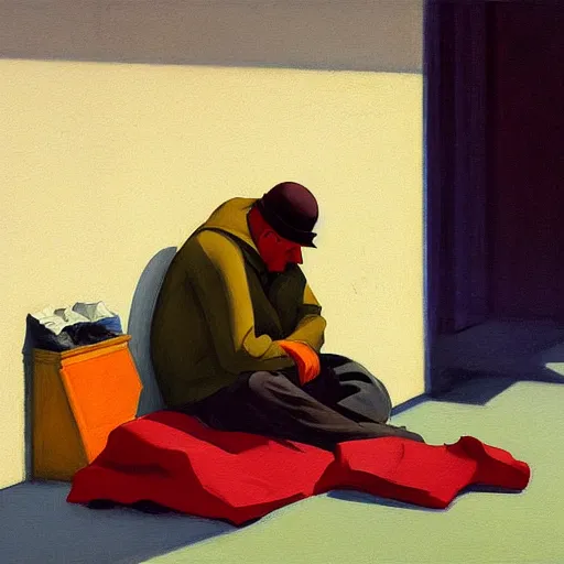 Image similar to painting of a homeless person. by edward hopper and james gilleard