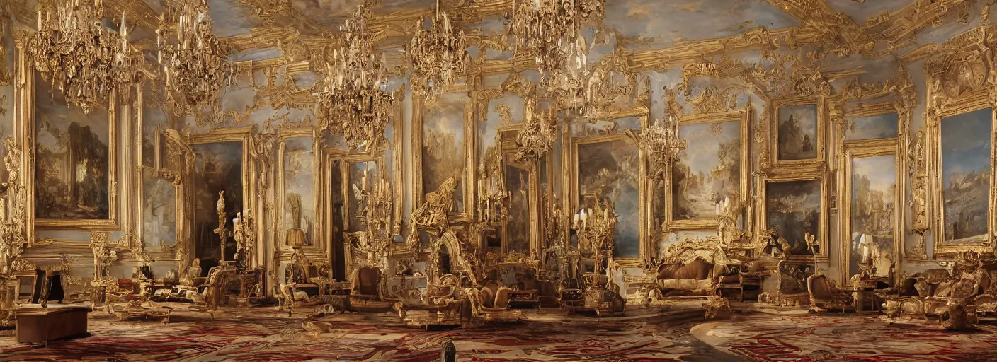 Prompt: 8 k highly detailed oil matte painting by charles landelle of an art gallery wall with many oil paintings, decadent throne room, ornate furniture, ornate french architecture, futuristic chandeliers