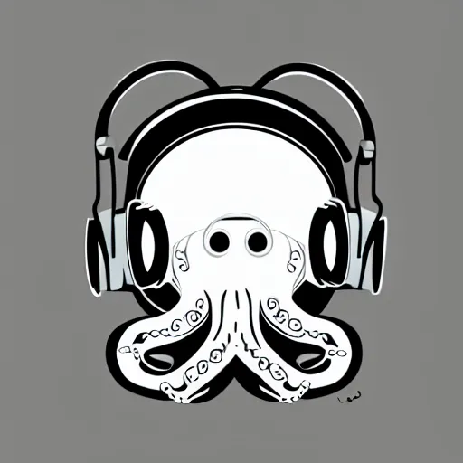 Prompt: cyborg octopus in headphones, logo, digital art, minimalism