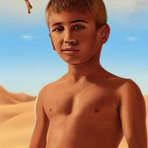 Image similar to a detailed portrait of a tan boy in the desert, art illustration, incredibly highly detailed and realistic, 8 k, sharp focus