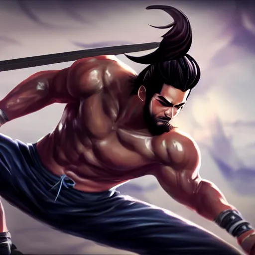 Prompt: Yasuo from League of Legends doing crunches, photorealistic, highly detailed