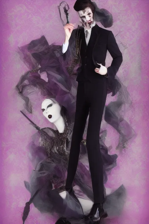 Image similar to hyper realistic male macabre gothic powersuit dapper look artwork of high - end haute couture bespoke with leather fashion by ali sabet, lisa frank & sho murase