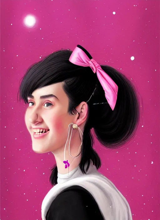 Image similar to portrait of high school girl, realistic, black hair, bangs, half updo hairstyle, pointy nose, skinny, smile, ugly, defined jawline, big chin, pink hair bow, earrings, intricate, elegant, glowing lights, highly detailed, digital painting, artstation, sharp focus, illustration, art by wlop, mars ravelo and greg rutkowski