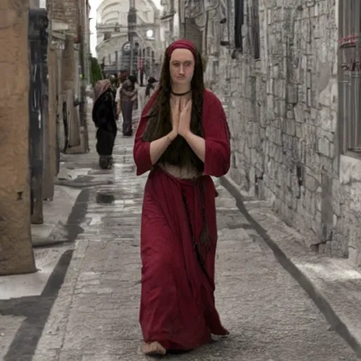 Image similar to amazing photo of mary magdalene in real life, walking in a city street
