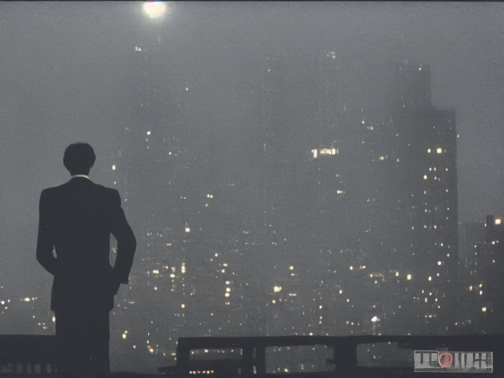 Prompt: 8 0 s polaroid photo, cinema still, tall man in suit smoking on the bridge at night while skyscrapers are in the background, hazy, americana, 8 k resolution, sun flares, hyperrealistic, photorealistic, high definition, high details, tehnicolor, award - winning photography, masterpiece, amazing colors