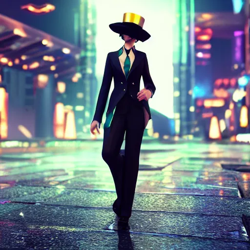 Image similar to beautiful anime woman, pinstripe suit, top hat, cyberpunk background, rendered in octane, unreal engine, raining, highly detailed, trending on artstation